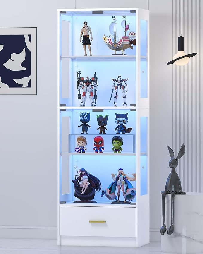 lamtor glasvitrine stehend mit rgb-led und schublade, 4 fächer, sicherheitsglas, weiß