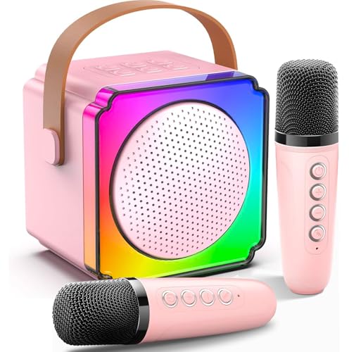 karaoke maschine kinder, mikrofon bluetooth mit 2 drahtlosen mikrofonen und lichtern rosa