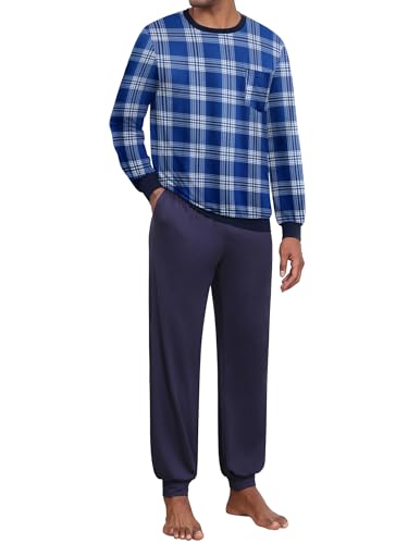 ekouaer pyjama set herren lang schlafanzug blau kariert und marineblau, m
