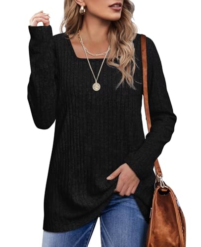 Produktbild: Pullover Damen Langarmshirt Quadratischer Ausschnitt Strickpullover Schwarz L
