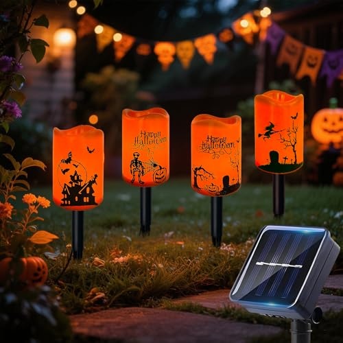 halloween dekoration outdoor 4 teilig, wasserdichte led kerzen für garten, solar lampen