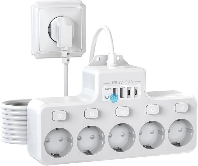 steckdosenleiste wandmontage mit 5-fach, 2 usb-a, 2 usb-c, einzeln schaltbar, 1,8 m
