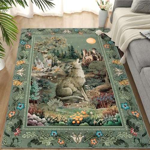 Teppich Wölfin rutschfest 120x180cm Grün, Waschbar Kurzflor Boho Tiere