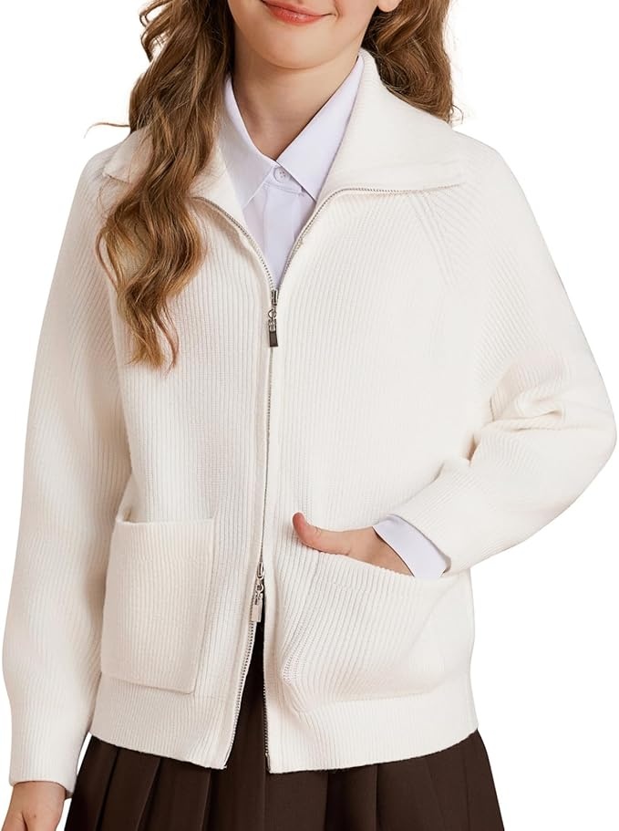 Produktbild: Mädchen Strickjacke Weiß mit Taschen, lange Ärmel, Reverskragen, 7 Jahre