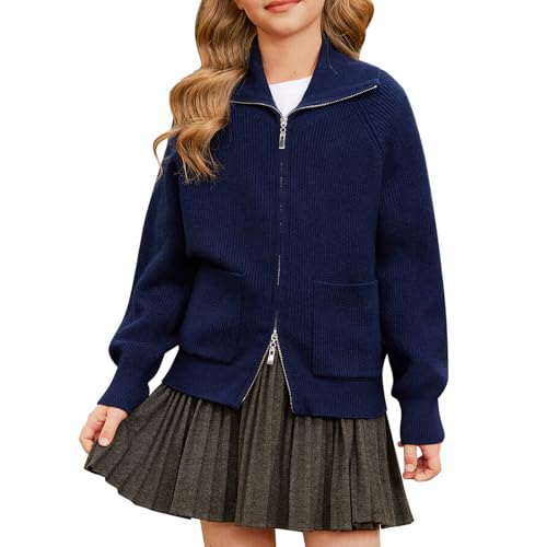 Produktbild: GRACE KARIN Mädchen Langarm Strickjacke Dunkelblau Reverskragen Raglanärmel 8 Jahre