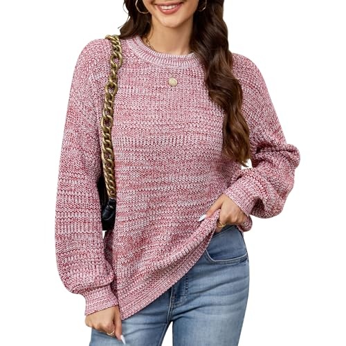 qinsqinb damen pullover langarm bunt strickpullover rundhals herbstoutfit (m) jujube rot
