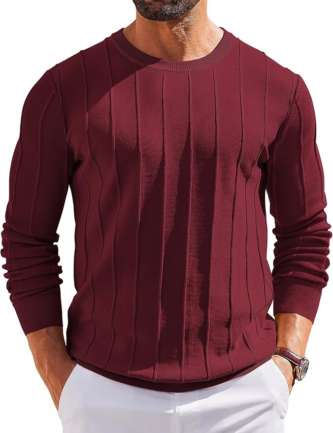 COOFANDY Herren Pullover Rundhals Strickpullover Langarmshirt Weinrot XL