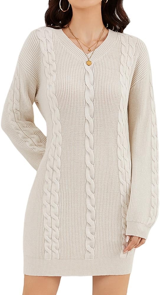 Produktbild: Damen Bodycon Strickkleid V-Ausschnitt Zopfmuster Langarm Herbst Winter Aprikose M