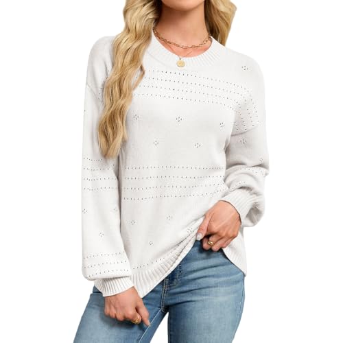 Produktbild: ZLIGXEA Pullover Damen Langarm Rundhals Häkelpulli Herbst Winter Weiß S