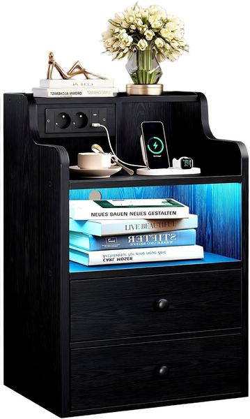 IRONCK LED Nachttisch Schwarz mit Steckdose, 2 AC, 1 USB, 1 Type-C, 2 Schubladen