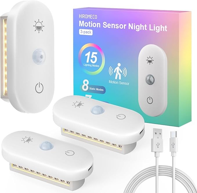 Hiromeco Nachtlicht mit Bewegungsmelder, Akku 3er Set, USB LED für Treppe, Flur, Wohnzimmer