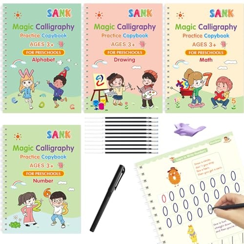 kinderschreibübungsheft 4er set wiederverwendbare kalligraphie-hefte von laresday mit stift und nachfüllungen