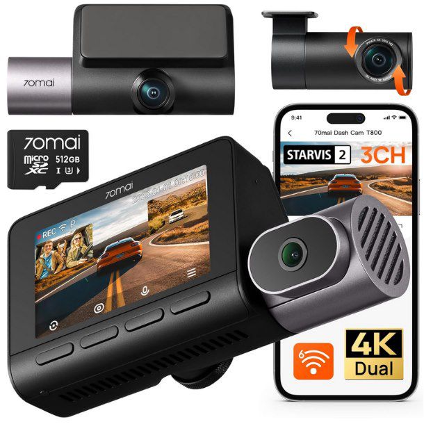 70mai dashcam 4K T800 3-Kanal mit STARVIS 2, GPS und 512GB SD-Karte, 316,99