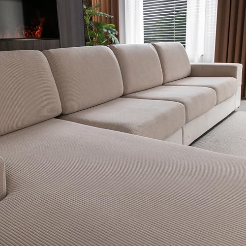 OHSIO sofa cover stretch, rutschfest, waschbar, universell, lichtbraun, 2 sitzbezüge, 1 chaise longue cover