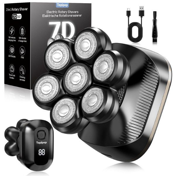 topipop 7d glatzenrasierer mit usb-c und led display für 14,84 euro