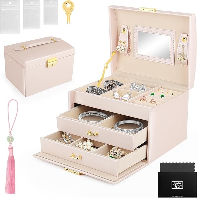 QOUBNIC schmuckkästchen klein mit spiegel, reise schmuckkasten 3 ebenen für ringe, ohrringe, halsketten