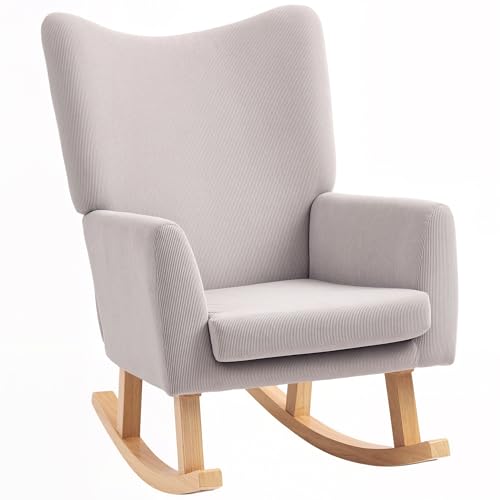 HOMCOM schaukelstuhl mit hoher rückenlehne, cord-optik, relaxsessel hellgrau