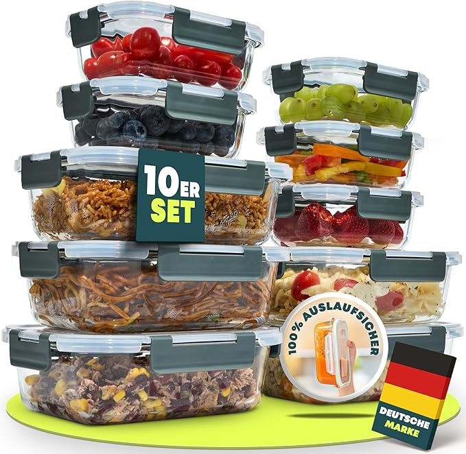 uandu Glasbehälter 10-teilig mit Deckel, Frischhaltedosen für Meal Prep