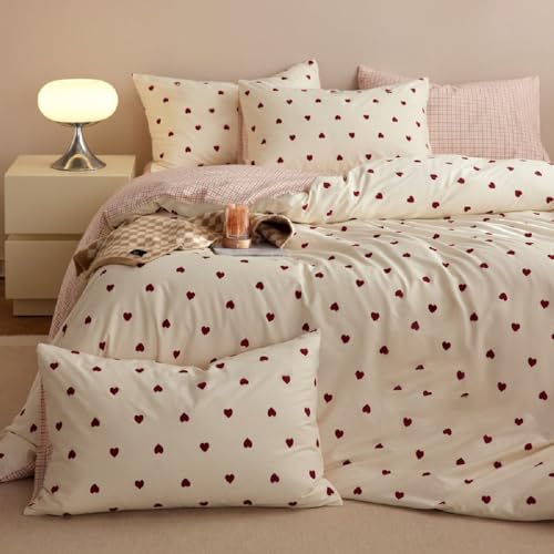Bettwäsche Set 200x200 Mädchen Rot Weiß Herzen Microfaser ÖKO-TEX 2 Kissenbezüge 80x80