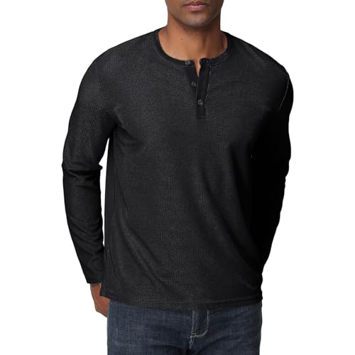 herren henley shirts langarmshirt waffel freizeithemd mit rundhals 3-knopf