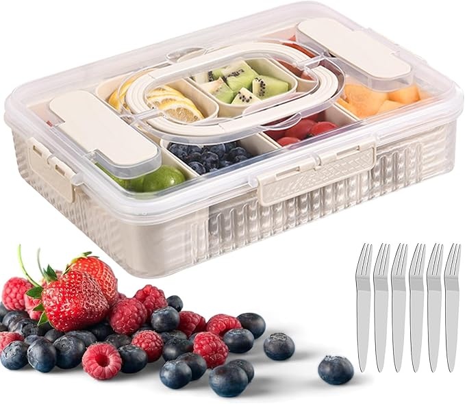 Snackbox 8 Fächer mit Deckel und 6 Gabeln, wiederverwendbar, tragbar, für Obst, Süßigkeiten, Gemüse, Nüsse