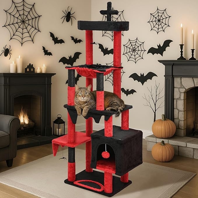 BYBYME Gothic-Kratzbaum 168 cm Katzenmöbel-Set mit Bett, Haus, Hängematte Schwarz Rot