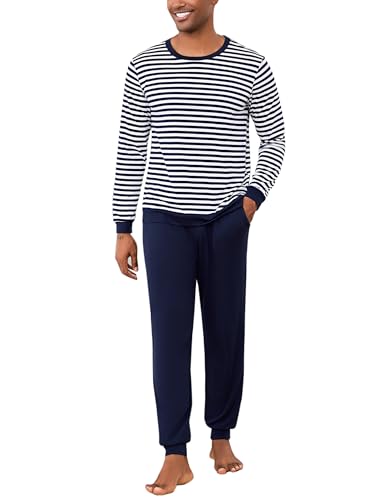 bresdk schlafanzug herren langarm pyjama baumwolle winter set blau L