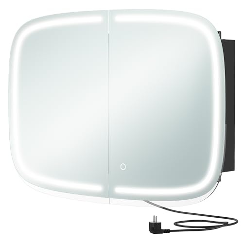 vasagle spiegelschrank bad mit beleuchtung, touch-steuerung, steckdosen, tintenschwarz