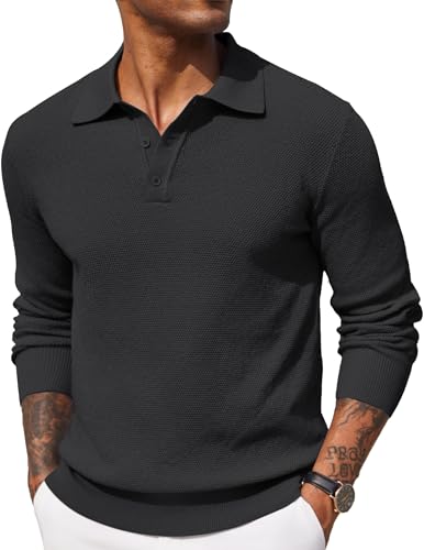 coofandy herren langarm poloshirt pullover basic schwarz größe l