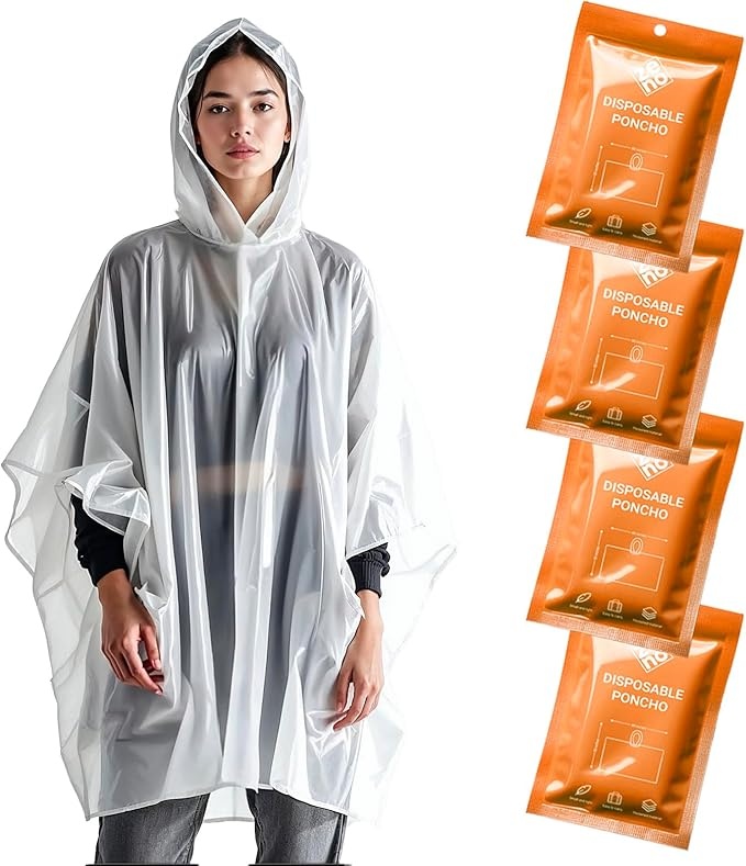 regenponcho wasserdicht transparent mit kapuze für festival, wandern, camping - 4er-pack orange glow