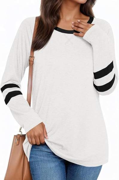 Damen Langarmshirt mit Streifen Farbblock Rundhals Tunika Oberteil, Weiß, S