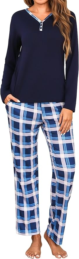 Uniexcosm Damen Schlafanzug Lang Zweiteiler Pyjama Set Rundhals Oberteil Karierte Hose