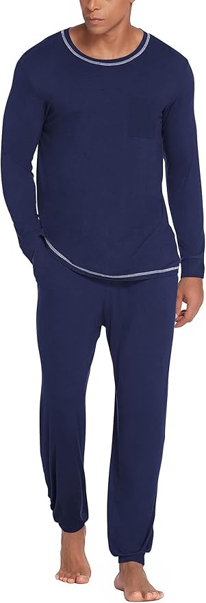 Ekouaer Herren Schlafanzug Zweiteilig Pyjama Nachtwäsche Navyblau M