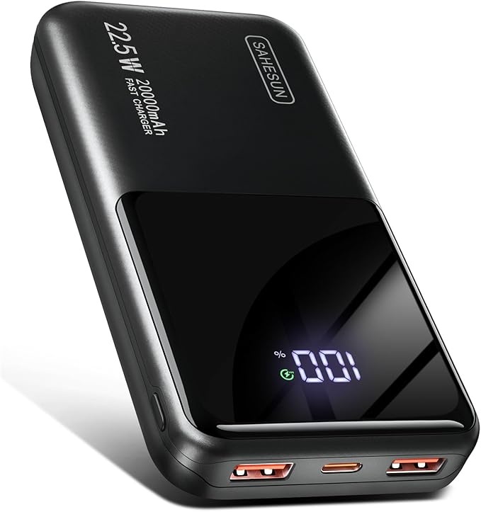 power bank 20000mAh 22.5W mit schnellladefunktion, 1 USB-C, 2 USB-A, lcd display, für smartphones