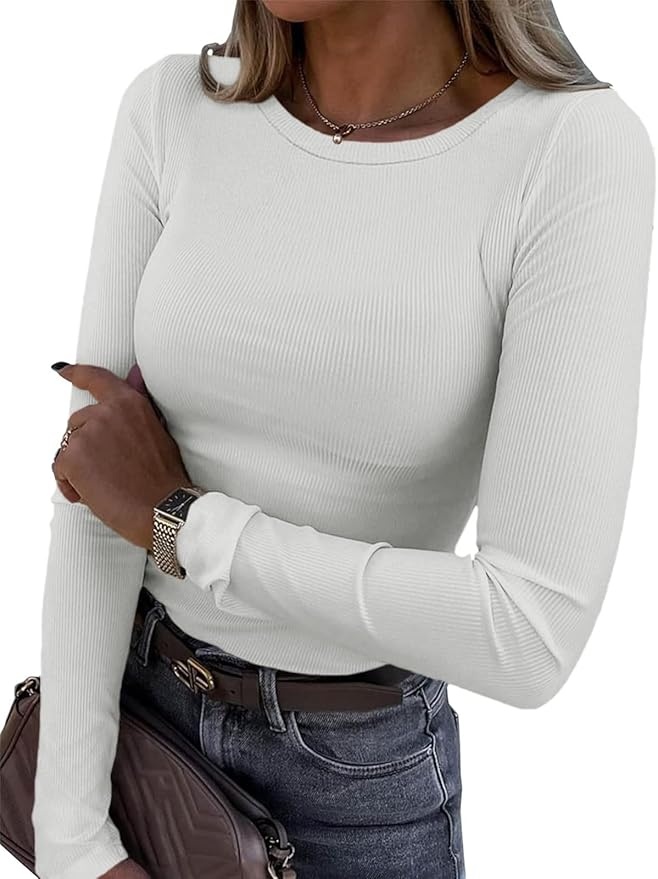 fisoew langarmshirt damen basic shirt runhals gerippt eng weiß xl