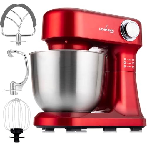 lehmann küchenmaschine 1500w mit zubehör-set, 5l rührschüssel, 12 geschwindigkeiten, rot