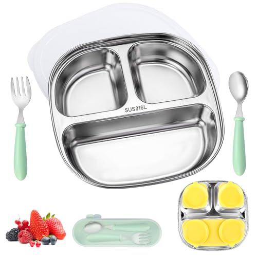baby teller edelstahl mit saugnapf, kinderteller mit deckel, löffel und gabel