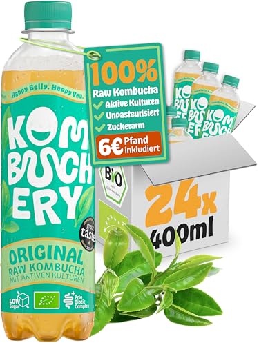 kombuchery roher kombucha bio 24 x 400ml, unpasteurisiert, vegan, zuckerarm, inkl. pfand
