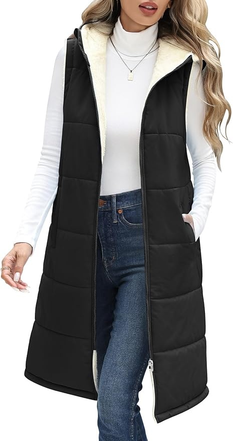 Produktbild: Vancavoo Damen Steppweste Lang mit Kapuze Schwarz L, Ärmellos, gefüttert