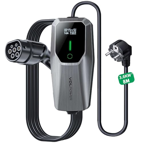 Produktbild: vdlpowereu ladekabel typ 2 3.6kw 8m elektroauto 6a-16a mit led-anzeige ip65