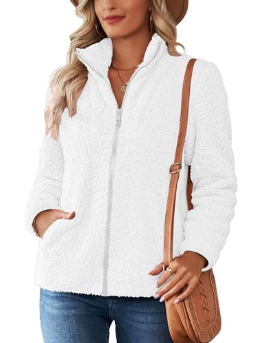 fleecepullover damen teddyjacke kuschelpullover winterjacke mit taschen, z weiß, m
