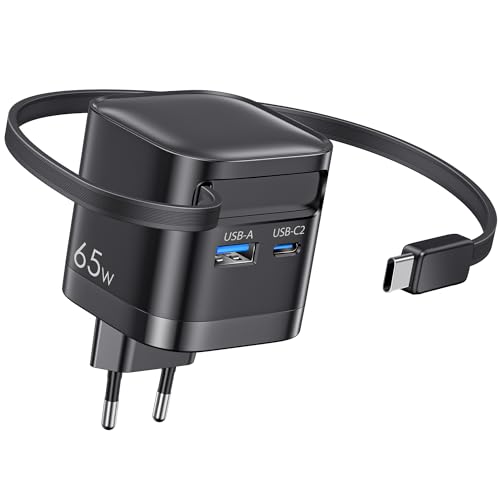 usb c ladegerät 65w 3 port netzteil mit einziehbarem kabel für macbook, iphone, samsung, ipad