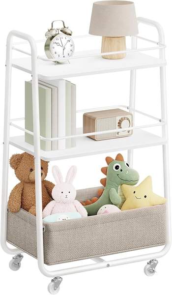 VASAGLE LILEA Rollwagen mit Stoffkorb, 3 Ebenen, Küchenwagen, wolkenweiß-Kamelbraun