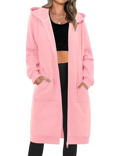 Lange Kapuzenpullover Damen Hoodie mit Reißverschluss, Taschen, rosa, XXL