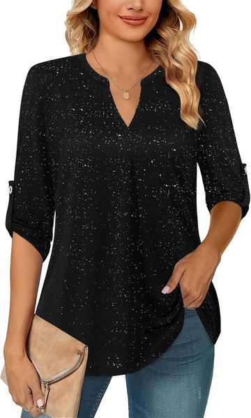 Siddhe Damen Bluse Schwarz, 3/4 Ärmel, V-Ausschnitt, Tunika, Longshirt M