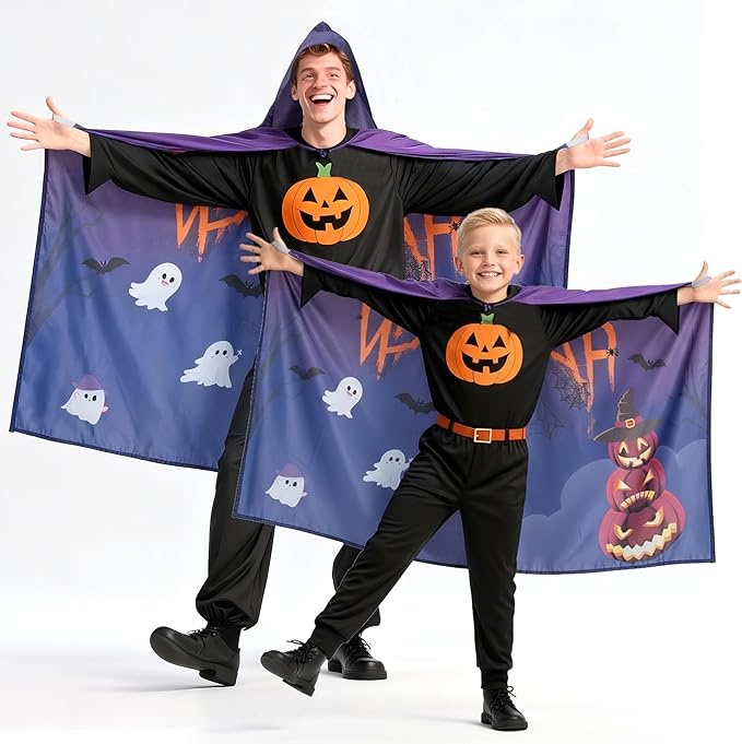 goaepode halloween kostüm umhang set für familie mit kapuze, kürbis druck, blau