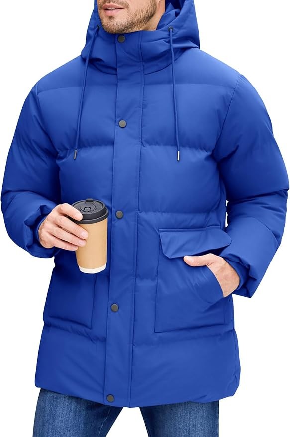 Herren Winterjacke Gefütterte Steppjacke Winddicht Wasserabweisend Kapuze Blau L