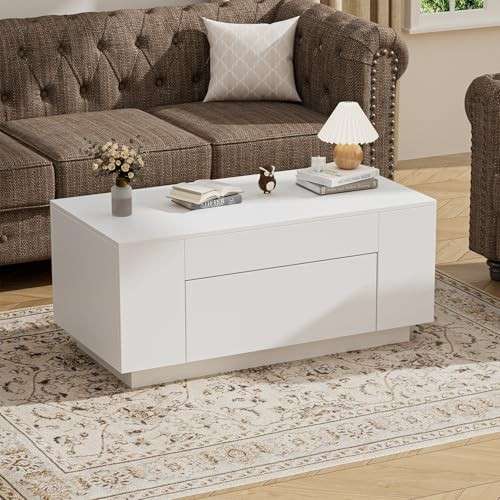 Couchtisch Holz mit Stauraum, Beistelltisch für Wohnzimmer, 90 * 50 * 42cm, Weiß