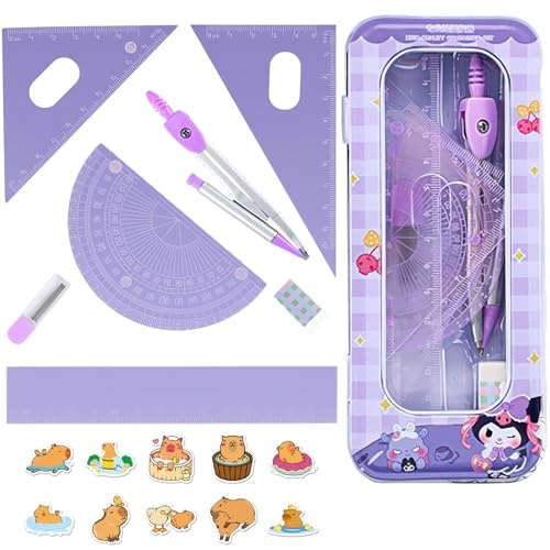 zirkel und lineal set 8-teilig mit aufbewahrungsbox und 10 aufklebern, geometrie set violett