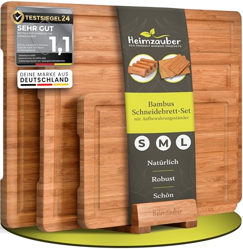 Schneidebrett Holz 3er Set Bambus 2cm dick mit Ständer und Saftrille